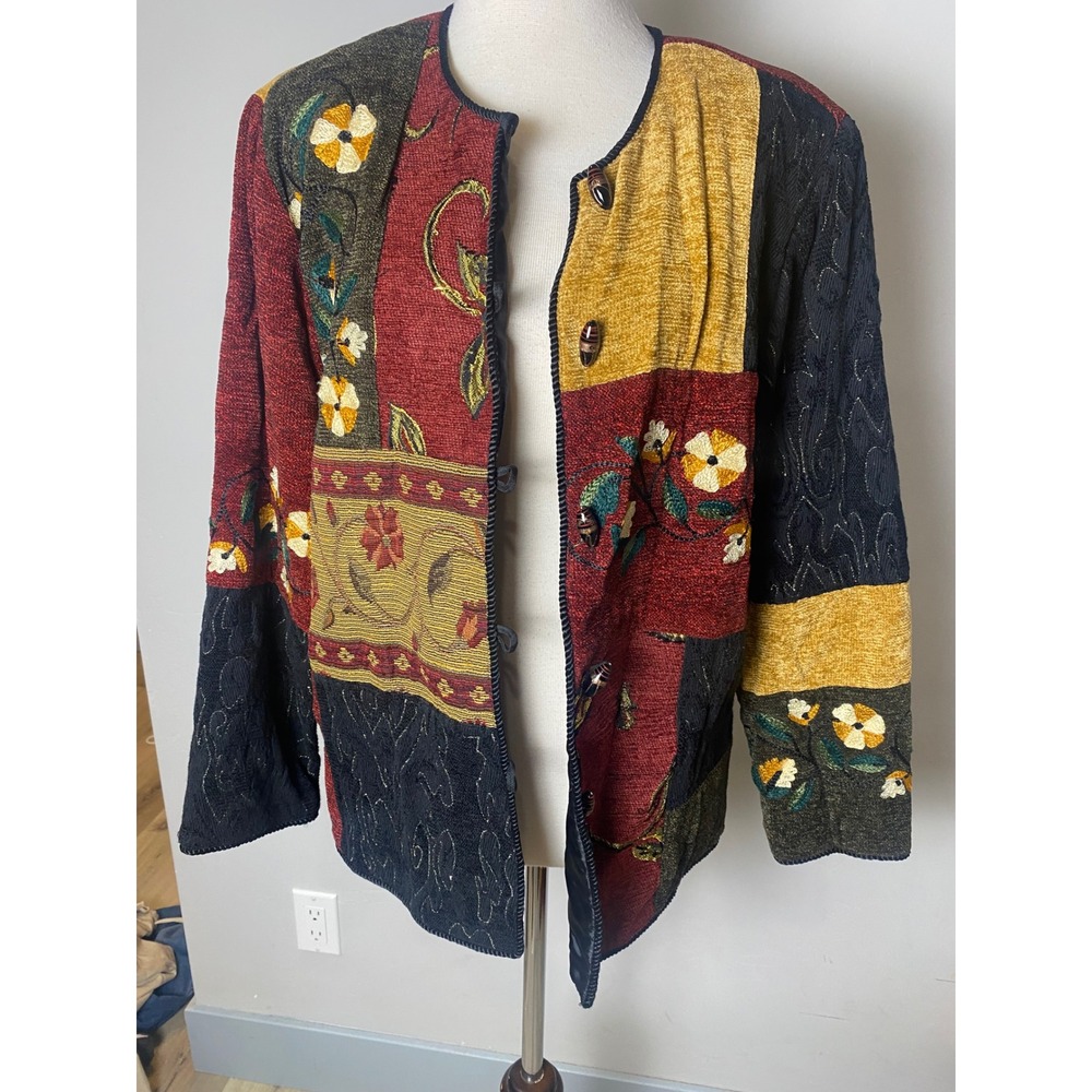 Vintage 90s Julia Kim Patchwork Floral Embroidered Chenille Jacket Small Boho